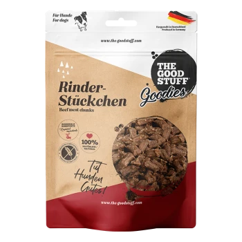 Tüte 'The Good Stuff Goodies' Rinder-Stückchen Hundeleckerlis – Rindfleisch-Stückchen, 100% natürlich, für Hunde, hergestellt in Deutschland.