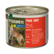 Eine Dose Wilderness Pure Beef Haustierfutter für Erwachsene, mit einem Wildkatzenmotiv auf dem Etikett. Zutaten: 99% Rindfleisch, 1% Pflanzen, 0% zugesetzte Getreide.