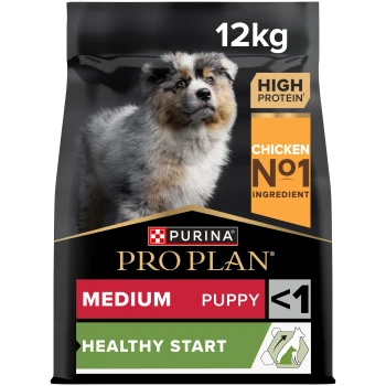 Purina Pro Plan Medium Welpenfutter, 12 kg Sack, mit einem Welpenbild und Etiketten: "Hoher Proteingehalt", "Huhn Nr. 1 Zutat", "Gesunder Start."