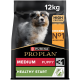 Purina Pro Plan Medium Welpenfutter, 12 kg Sack, mit einem Welpenbild und Etiketten: "Hoher Proteingehalt", "Huhn Nr. 1 Zutat", "Gesunder Start."