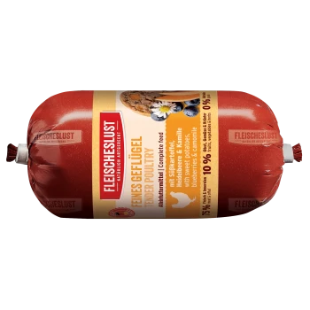 Rote Futterrolle mit Aufdruck FLEISCHESLUST; 'Feines Geflügel / Tender Poultry' mit Süßkartoffeln, Blaubeeren & Kamille.