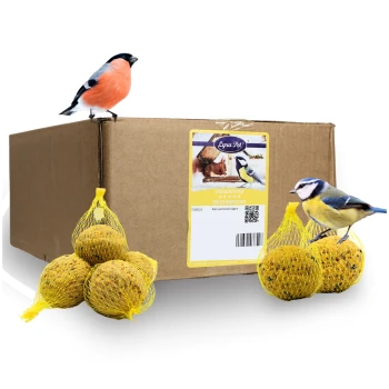 Eine Schachtel Vogelfutter mit der Aufschrift "Lyna Pet Vögelfutter" mit zwei Vögeln, einem Gimpel und einer Blaumeise, die darauf sitzen und in der Nähe sind.