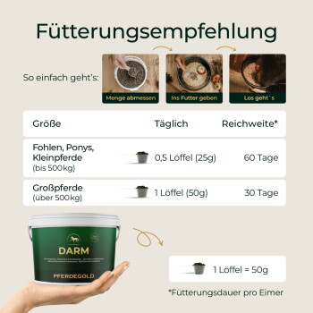 Behälter DARM PFERDEGOLD und Fütterungsempfehlung-Tabelle mit Angaben: 0,5 Löffel (25 g) für Fohlen/Ponys, 1 Löffel (50 g) für Großpferde.
