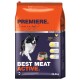 Sac de nourriture pour chien avec un border collie, étiqueté "PREMIERE. J'aime mon chien," et "MEILLEURE VIANDE ACTIVE," 12,5 kg.