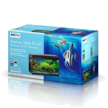 Aquarium Starter Kit 60 Verpackung mit einer bunten aquatischen Szene mit Fischen, Pflanzen und LED-Beleuchtungsdetails.