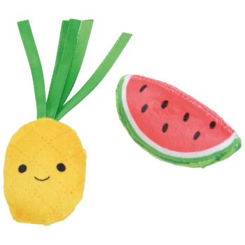 Pluszowe zabawki dla zwierząt w kształcie ananasa i plastra arbuza, ananas ma uśmiechniętą twarz i zielone materiałowe liście.