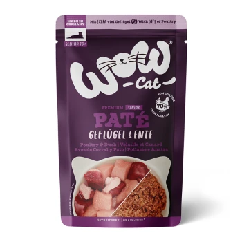 Cat Senior 12x125 g Ente und Geflügel Premium Senioren Katzenfutterbeutel mit Pastete aus Geflügel und Ente, beschriftet mit 'WOW-Cat', getreidefrei, hergestellt in Deutschland.