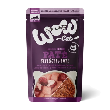 Premium Senioren Katzenfutterbeutel mit Pastete aus Geflügel und Ente, beschriftet mit 'WOW-Cat', getreidefrei, hergestellt in Deutschland.
