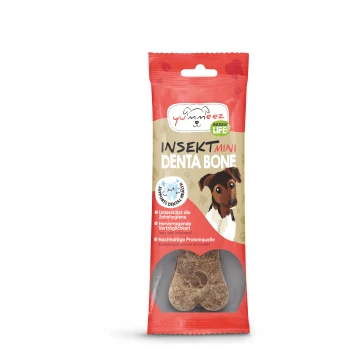 Green Life Insekt Denta Bone S Eine Packung Yummeez Insect Mini Denta Bones für Hunde, die einen braunen Knochenleckerlis zeigt und Vorteile wie zahnärztliche Unterstützung und nachhaltiges Protein hervorhebt.