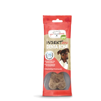 Un paquet de Yummeez Insect Mini Denta Bones pour chiens, présentant une friandise en forme d'os brun et des avantages comme le soutien dentaire et la protéine durable.