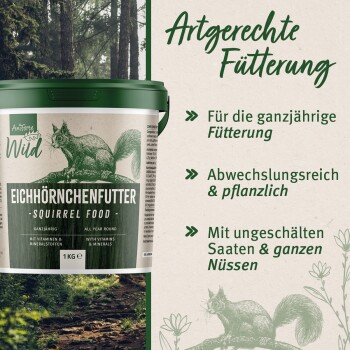 Behälter für Eichhörnchenfutter mit grünem Deckel, mit Text über ganzjährige Fütterung, pflanzlichen Zutaten und ganzen Samen und Nüssen.