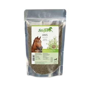 Packung Stiefel Anis (Anis) ganze Samen für Pferde, mit einem Pferdebild, 500g Gewicht und Informationen über Atemwegs- und Verdauungsvorteile.