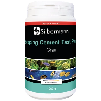 Behälter von Silbermann Scaper's Cement Fast Plus in Grau, beschriftet mit Produktname und Inhalt (1200 g), mit bunten aquatischen Bildern.