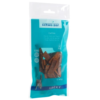 Verpackung für Katzenleckerlis mit der Bezeichnung "CatYes", die Huhn, Malz und Taurin enthält; glutenfrei mit über 95% Fleischanteil; 45g.