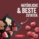 Schieferplatte mit rohen Fleischstücken, Leber und Käse; Pfeil und Text 'NATÜRLICHE & BESTE ZUTATEN.' sowie FLEISCHESLUST-Logo.