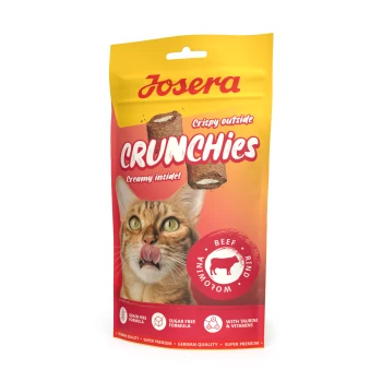 Josera Crunchies Katzenleckerlis, außen knusprig, innen cremig, Rindergeschmack, getreidefrei, zuckerfrei, mit Taurin und Vitaminen.