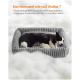 Schwarz-weißer Hund liegt auf einem grauen, gerippten Haustierbett mit deutschem Text über Komfort und Materialien darüber.