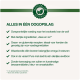 Huisdiervoeding advertentie met groen en wit ontwerp, met nadruk op natuurlijke ingrediënten, graanvrije recepten, en geen toegevoegde suikers of conserveermiddelen.