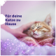 Schlafende rote Katze wird gestreichelt, deutscher Text 'Für deine Katze zu Hause' und rosa Funkeln.