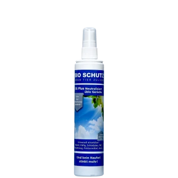 Weißer Sprühflakon mit blauem Haustier-Deodorant-Etikett mit Himmel und Blättern; sichtbarer Text 'BIO SCHUTZ' und 'Neutralisiert üble Gerüche'