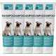 Fünf Tuben OptiPet anti-parasitäres Shampoo mit einem Mops-Design, das die Wirksamkeit gegen Flöhe, Zecken, Läuse und Milben hervorhebt.