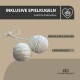 Zwei Sisal-Seilbälle, die durch eine Schnur verbunden sind, beschriftet mit "NATÜRLICHES SISALSEIL" und "LANGLEBIGKEIT," mit dem Text "INKLUSIVE SPIELKUGELN" darüber.