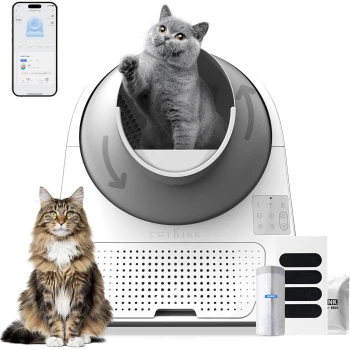 CATLINK automatische rotierende Katzentoilette mit einer grauen Katze darin, einer getigerten Katze daneben und einer Smartphone-App, die 'CATLINK' anzeigt.