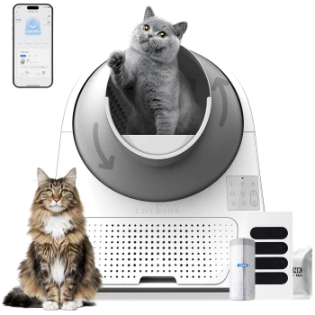 CATLINK automatische rotierende Katzentoilette mit einer grauen Katze darin, einer getigerten Katze daneben und einer Smartphone-App, die 'CATLINK' anzeigt.
