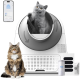 CATLINK automatische rotierende Katzentoilette mit einer grauen Katze darin, einer getigerten Katze daneben und einer Smartphone-App, die 'CATLINK' anzeigt.