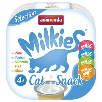 Paquet de friandises pour chats animonda Milkies présentant une silhouette bleue de chat, avec du texte mettant en avant des ingrédients comme le zinc, la taurine et les vitamines D+E.