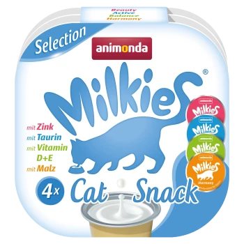 Packung animonda Milkies Katzensnacks mit einer blauen Silhouette einer Katze, mit Text, der Zutaten wie Zink, Taurin und Vitamine D+E hervorhebt.