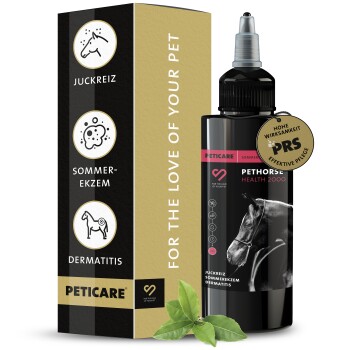 Flasche von PetHorse Health 2000, ein Sommerpflegeprodukt für Pferde, mit einer Pferdesilhouette, mit Text auf dem Etikett über Dermatitis-Linderung.