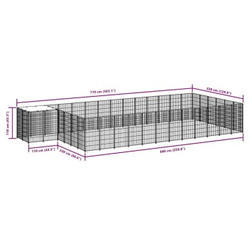 Diagramm eines großen Haustiergeheges mit beschrifteten Abmessungen: 770 cm (Länge), 330 cm (Breite) und 110 cm (Höhe).