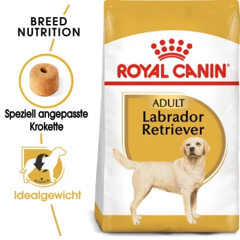 Labrador Retriever Adult 3 kg Royal Canin Adult Labrador Retriever Hundefutterbeutel, der rassespezifische Ernährung, eine Kibble-Illustration und das Etikett "Idealgewicht" zeigt.