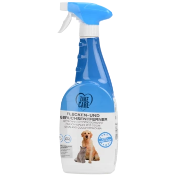 Blue spray bottle labeled "Take Care" with a dog and cat illustration, promoting a stain and odor remover for pets.
