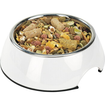 White pet bowl filled with mixed small-animal food: pellets, seeds, flakes, corn and dried mealworms.