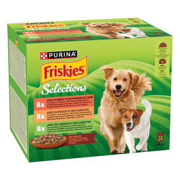 PURINA Friskies Selections Nassfutter Hund, Stückchen in Sauce mit Lamm und Karotten, Huhn und Karotten, Rind & Kartoffeln 24x85g