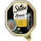 Emballage de nourriture pour chat Sheba Sauce Collection avec un chat gris, avec un texte indiquant "avec dinde dans une sauce claire" et "85g."
