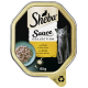 Emballage de nourriture pour chat Sheba Sauce Collection avec un chat gris, avec un texte indiquant "avec dinde dans une sauce claire" et "85g."