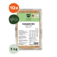 Barfer's „Komplett-Mix Huhn & Lachs“ vakuumversiegelte Futterschale mit „10x“- und „5 kg“-Abzeichen sowie einem Hundesymbol.