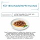 Afbeelding van kattenvoer met een bord natvoer, met tekst: 'Fütterungsempfehlung - 4 Portionsbeutel pro Tag, verteilt auf mindestens 2-3 Mahlzeiten.'