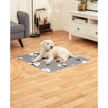 Weißer Welpe liegt auf einer grauen Haustiermatte mit schwarz-weißen Pfotenabdrücken in einem Wohnzimmer mit Holzboden.