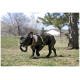 Gestromte Französische Bulldogge mit buntem Geschirr und Goldkette, trägt beim Gehen auf dem Gras ein schwarzes Ringspielzeug im Maul