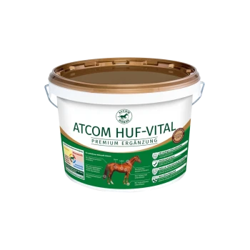 Behälter von ATCOM HUF-VITAL, einem hochwertigen Pferde-Nahrungsergänzungsmittel, mit einer Pferdeillustration und in deutscher Sprache aufgeführten Hauptvorteilen.