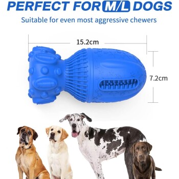 Blaues Gummihundespielzeug, das für mittelgroße bis große Hunde entworfen wurde, mit den Maßen 15,2 cm x 7,2 cm, mit dem Text 'Perfekt für M/L Hunde.'