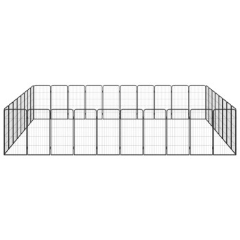Ein schwarzes Metall-Haustierspielgehege mit mehreren Paneelen, die in rechteckiger Form angeordnet sind, geeignet zur Unterbringung von Haustieren.
