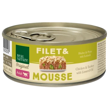 Dosen-Hundefutter mit der Aufschrift "Real Nature Original Filet & Mousse", mit Huhn und Pute und Leinsamenöl, für erwachsene Katzen konzipiert.