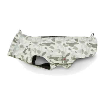 Graue und weiße Tarn-Hundejacke mit reflektierendem Streifen und "WOLTERS"-Etikett, für den Außeneinsatz konzipiert.