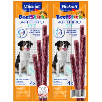 Beef Stick Arthrose Fit 24 Stk. Vitakraft BeefStick Arthro Fit Verpackung mit einem Hund, mit Text, der 'extra fleischig', 'zuckerfreies Rezept' und 'für optimale Mobilität' hervorhebt.