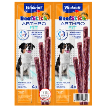 Vitakraft BeefStick Arthro Fit Verpackung mit einem Hund, mit Text, der 'extra fleischig', 'zuckerfreies Rezept' und 'für optimale Mobilität' hervorhebt.